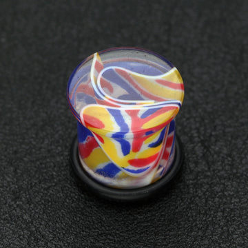 Detail View 1 of A Pair of Vibrant Marble Swirls Single Flared Ear Gauge Plug-Blue/Yellow